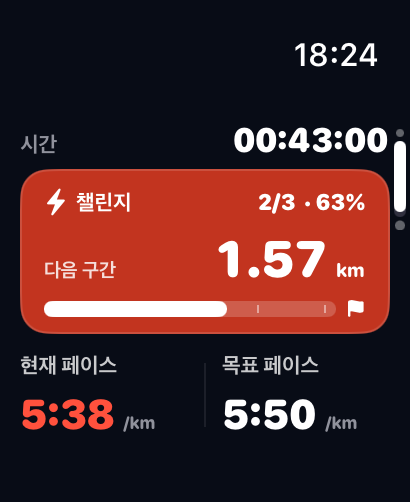 운동 시간, 챌린지 진행률과 페이스를 보여주는 Estella Apple Watch 화면